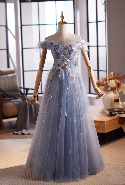 Princess Off-Shoulder A-Line Blue Sweet 16th Dresses Sequins Appliques Feather Tulle Prom Dress AP4994