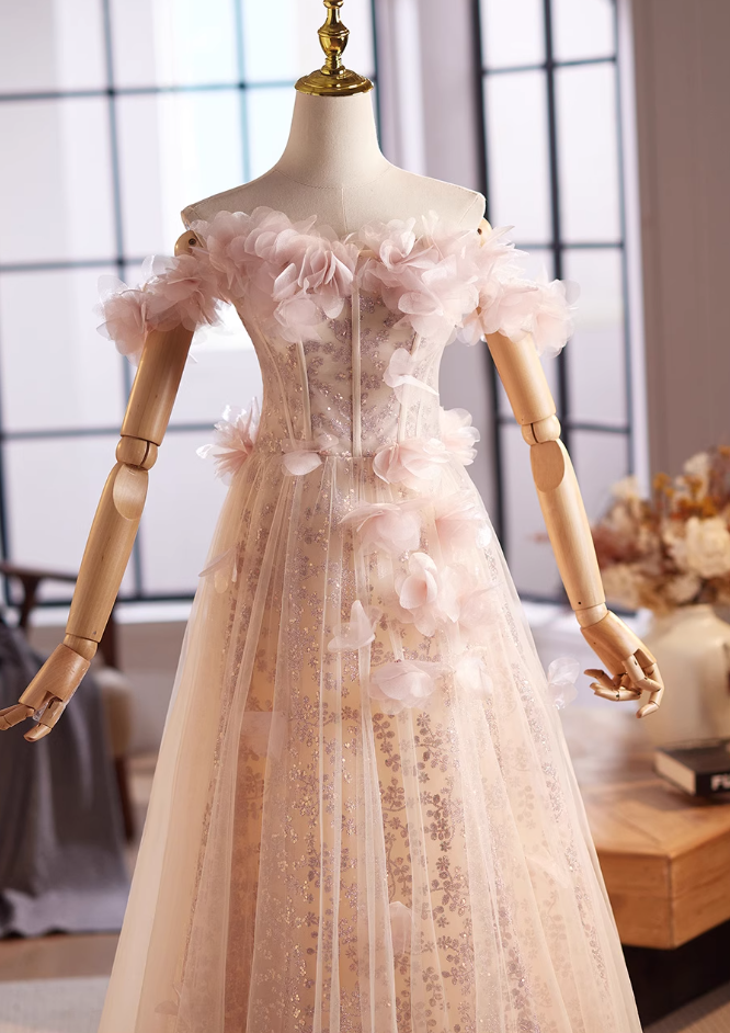 Pretty Off-Shoulder A-Line Sweet 16th Dresses Sequins 3D Appliques Tulle Prom Dress AP4995