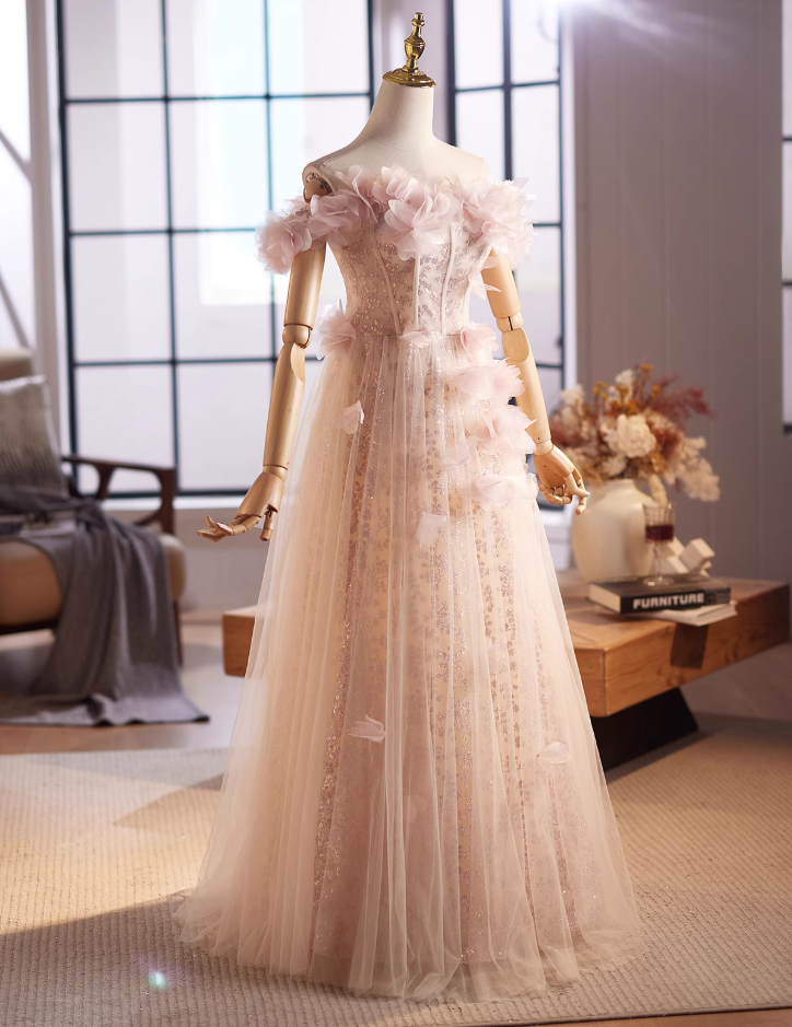 Pretty Off-Shoulder A-Line Sweet 16th Dresses Sequins 3D Appliques Tulle Prom Dress AP4995