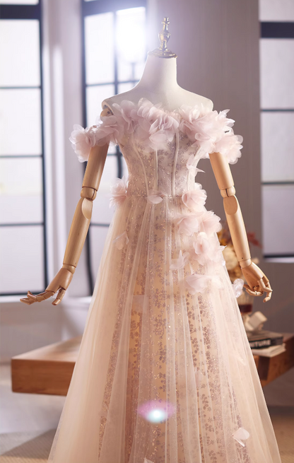 Pretty Off-Shoulder A-Line Sweet 16th Dresses Sequins 3D Appliques Tulle Prom Dress AP4995