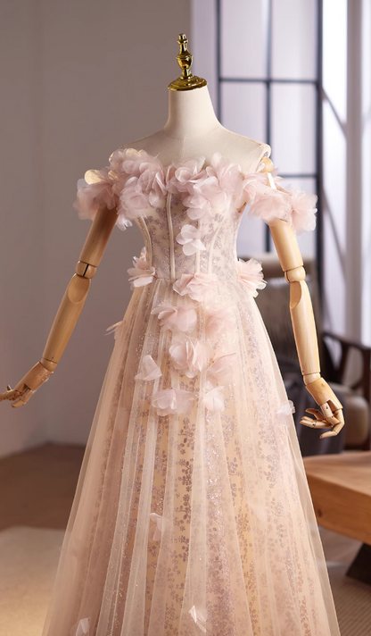 Pretty Off-Shoulder A-Line Sweet 16th Dresses Sequins 3D Appliques Tulle Prom Dress AP4995