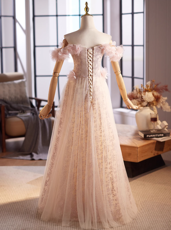Pretty Off-Shoulder A-Line Sweet 16th Dresses Sequins 3D Appliques Tulle Prom Dress AP4995