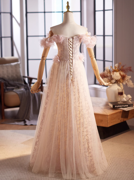 Pretty Off-Shoulder A-Line Sweet 16th Dresses Sequins 3D Appliques Tulle Prom Dress AP4995