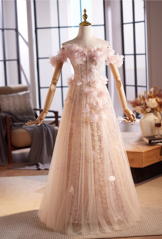 Pretty Off-Shoulder A-Line Sweet 16th Dresses Sequins 3D Appliques Tulle Prom Dress AP4995