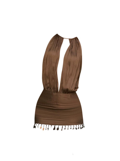Fancy Bodycon Open Back Ruched Fabric Mini Skirt Y2K Style Fringe Hem Cutout Chocolate Brown Halter Short Dress AP4996