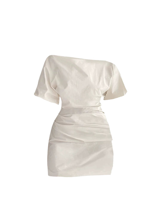 Hot Girls White Off-Shoulder Casual Gatherings Short Sleeve Mini Skirt Simple Sheath Ruched Waist Asymmetric Neck Short Dress AP4997