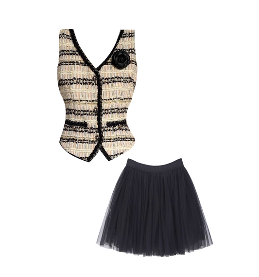 Gen Z Style Beige & Black Tweed Vest Black Tulle A-Line Mini Skirt Chic 2-Piece Set V Neck Sleeveless Black Rose Accent Short Dress AP4998