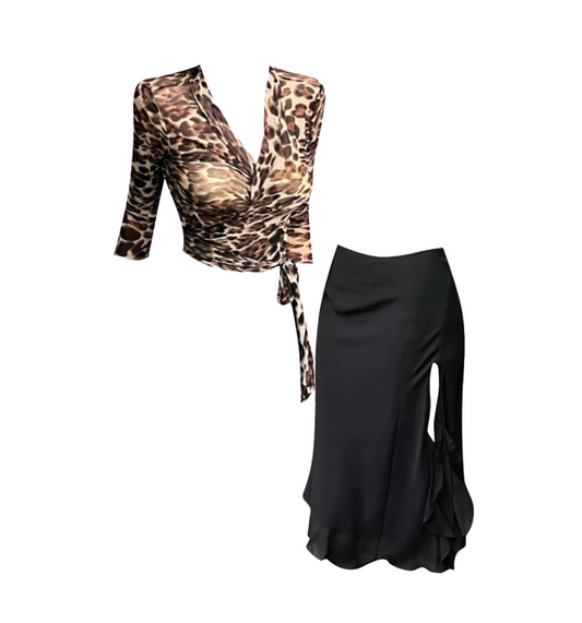 Hottie Long Sleeve Wrap Tie Crop Top & Black High-Slit Midi Skirt Vintage Date Nights V Neck Leopard Print Sheath 2-Piece Set Short Dress AP4999