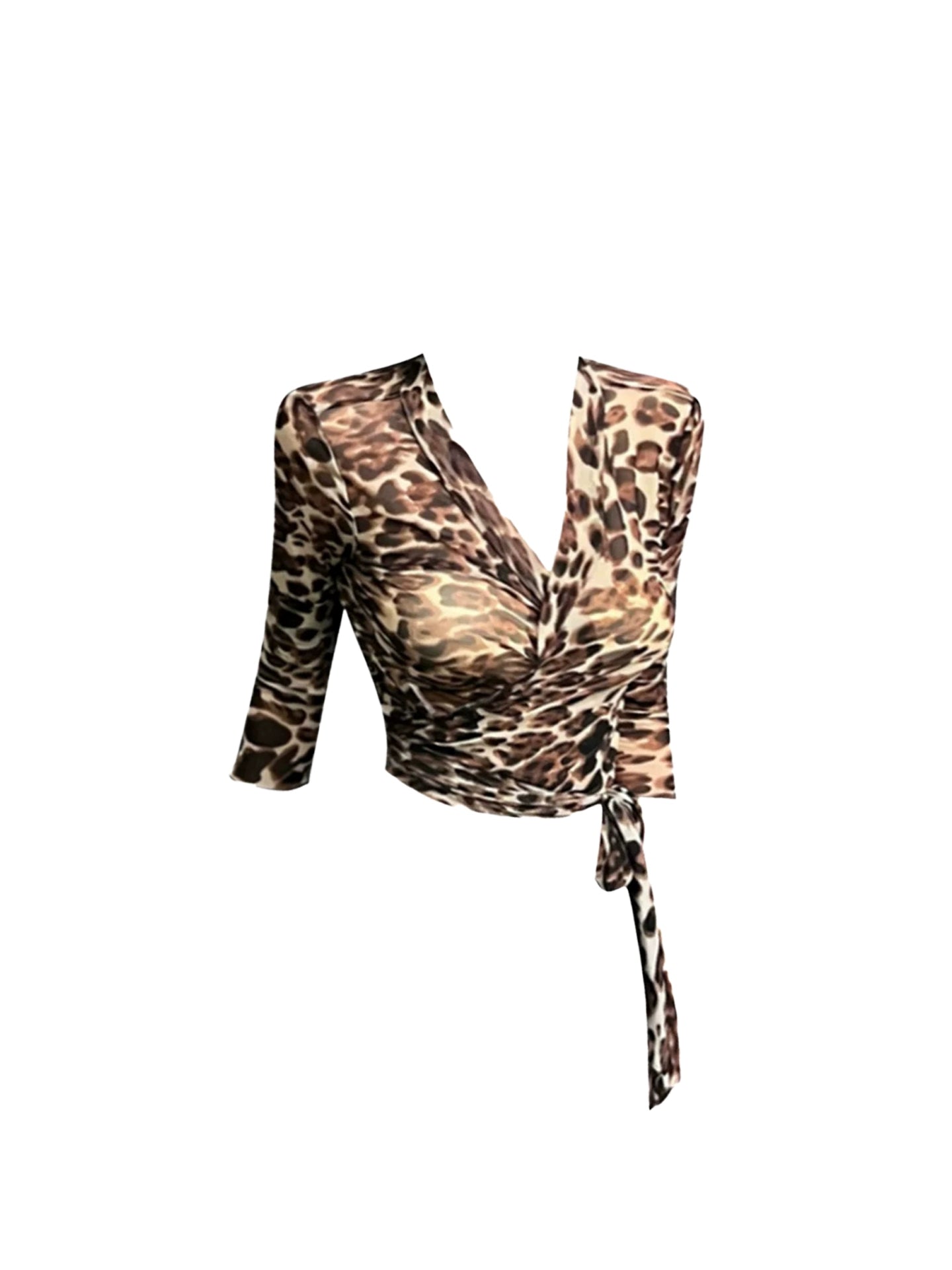 Hottie Long Sleeve Wrap Tie Crop Top & Black High-Slit Midi Skirt Vintage Date Nights V Neck Leopard Print Sheath 2-Piece Set Short Dress AP4999