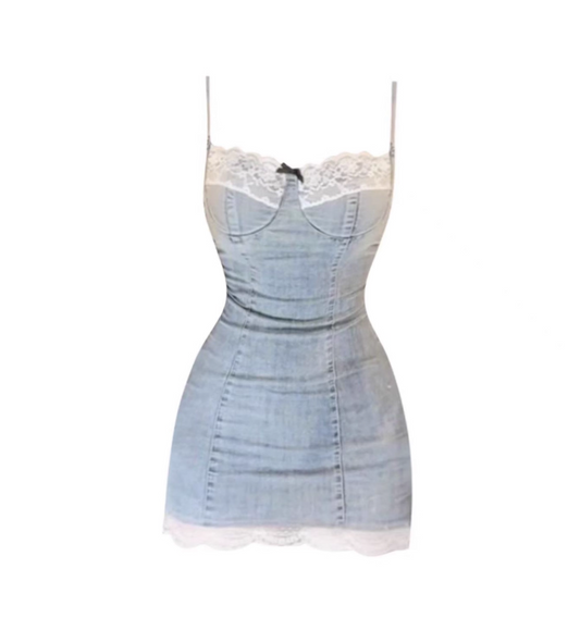 Hottie Light Blue Denim Bodycon Lace Trim Mini Skirt Chic Bow Accent Date Nights Spaghetti Strap Short Dress AP5000