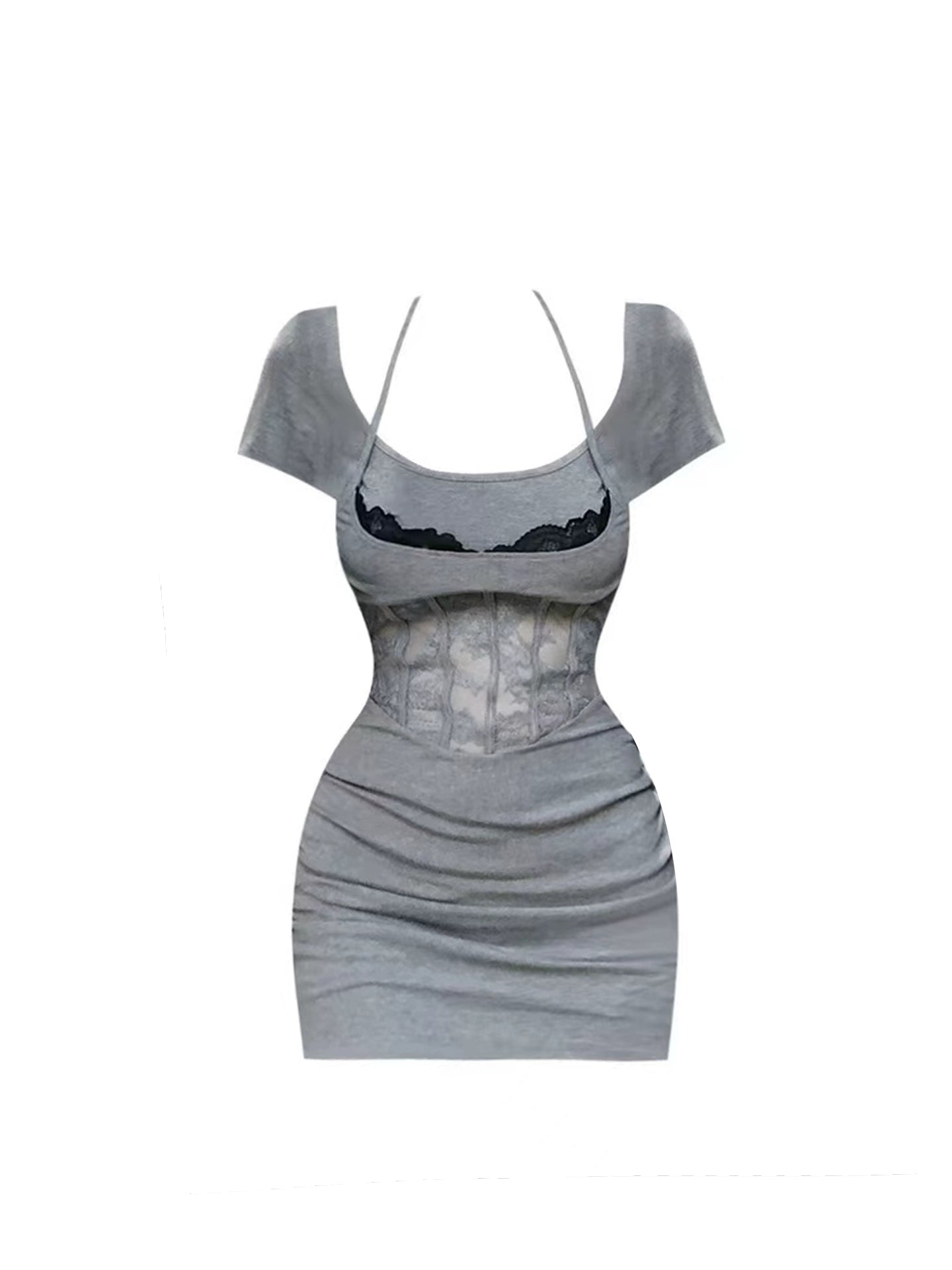 Casual Black Lace Bust Trim Gray Short Sleeve Mini Skirt Vintage Date Nights Sheath Square Neck Short Dress AP5001