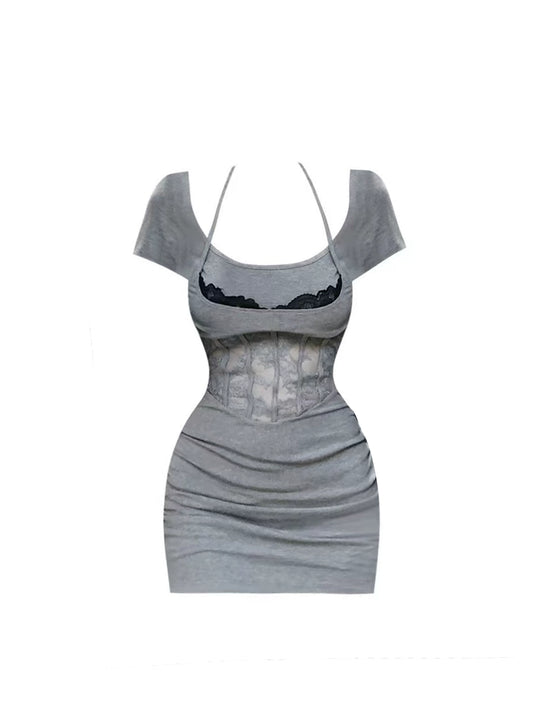 Casual Black Lace Bust Trim Gray Short Sleeve Mini Skirt Vintage Date Nights Sheath Square Neck Short Dress AP5001