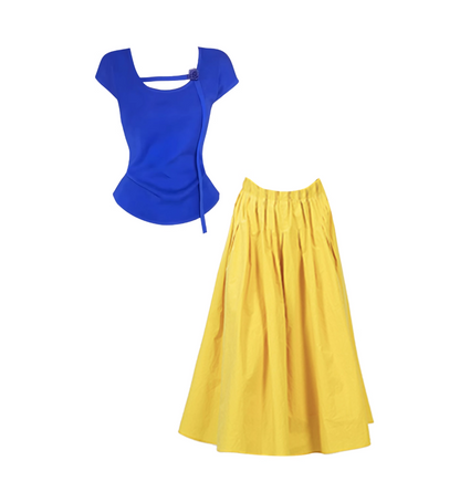 New Tendency A-Line Short Sleeve 2-Piece Set Maxi Skirt Sweet Royal Blue Chest Cutout Square Neck Top Yellow Pleated Long Dress AP5002
