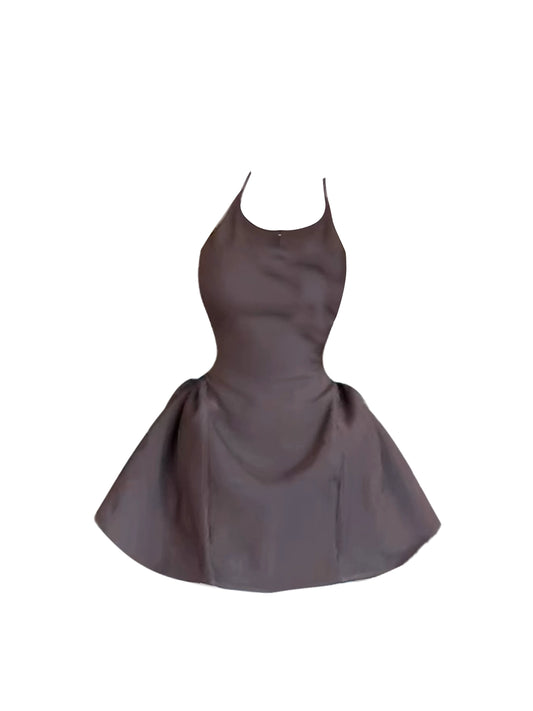 Everyday Wear Sleeveless Dark Brown Halter Neck Mini Skirt Simple Fitted Bodice Flared A-Line Short Dress AP5003