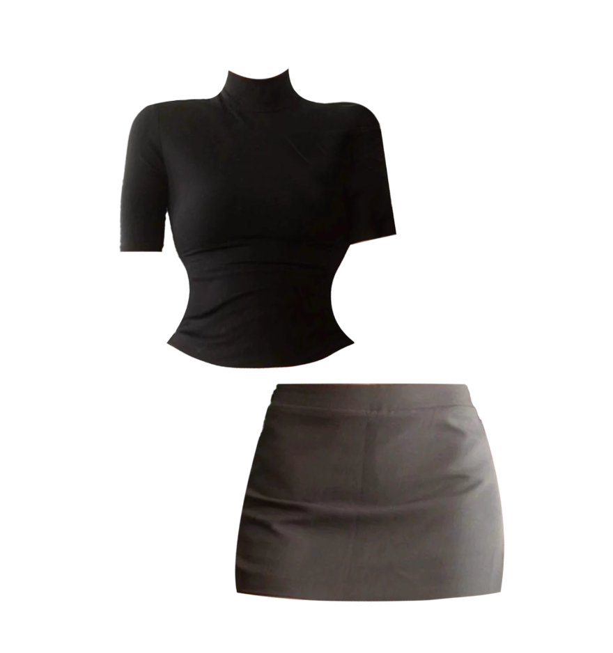 Lovely Black Mock Neck Short Sleeve 2-Piece Set Mini Skirt Vogue Ruched Crop Top Charcoal Gray Sheath Short Dress AP5004