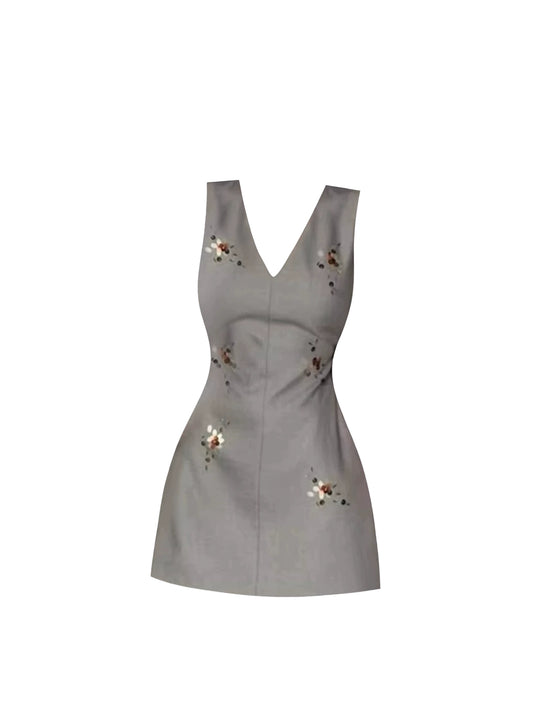 Refined Floral Sequins A-Line Date Nights Mini Skirt Elegant V Neck Light Gray Sleeveless Short Dress AP5005
