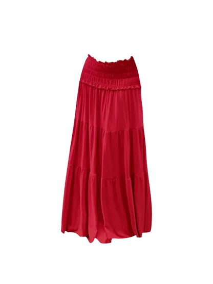 Beautiful White Off-Shoulder Top A-Line Maxi Skirt Elegant Red Floral Accent 2-Piece Set Date Nights Red Long Dress AP5006