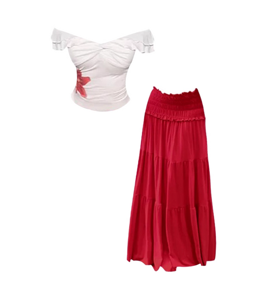 Beautiful White Off-Shoulder Top A-Line Maxi Skirt Elegant Red Floral Accent 2-Piece Set Date Nights Red Long Dress AP5006
