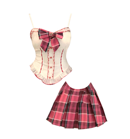 Enchanting White Camisole Corset Spaghetti Strap A-Line Mini Skirt Stylish 2-Piece Set Pink Plaid Bow Ruffle Trim Short Dress AP5007