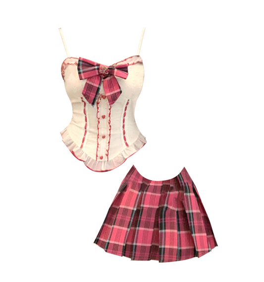 Enchanting White Camisole Corset Spaghetti Strap A-Line Mini Skirt Stylish 2-Piece Set Pink Plaid Bow Ruffle Trim Short Dress AP5007