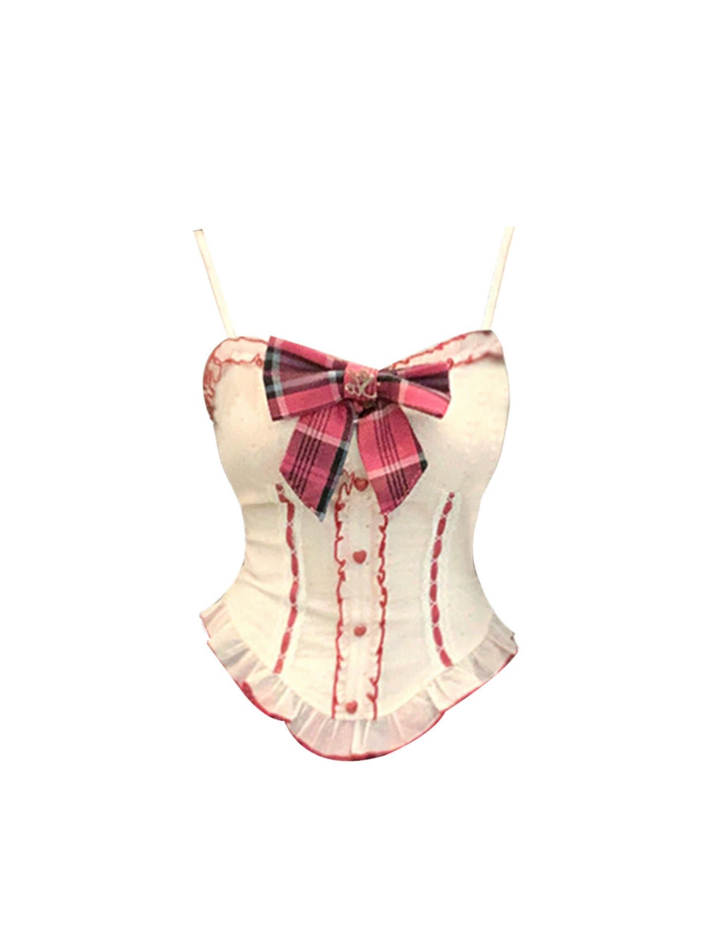 Enchanting White Camisole Corset Spaghetti Strap A-Line Mini Skirt Stylish 2-Piece Set Pink Plaid Bow Ruffle Trim Short Dress AP5007