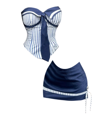 Superb 2-Piece Set Date Nights Sheath Tie Accent Navy Mini Skirt Elegant Strapless Navy & White Striped Sailor Corset Short Dress AP5008