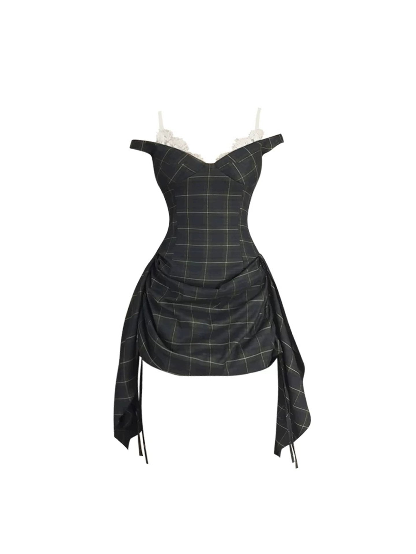 Boho-Inspired A-Line Black & Gray Plaid Mini Skirt Chic Off-Shoulder Lace Trim Corset Fit Ruched Short Dress AP5009