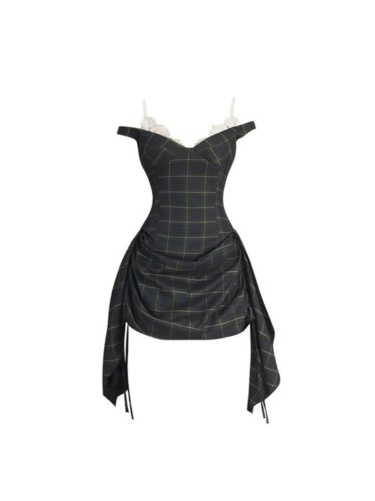 Boho-Inspired A-Line Black & Gray Plaid Mini Skirt Chic Off-Shoulder Lace Trim Corset Fit Ruched Short Dress AP5009