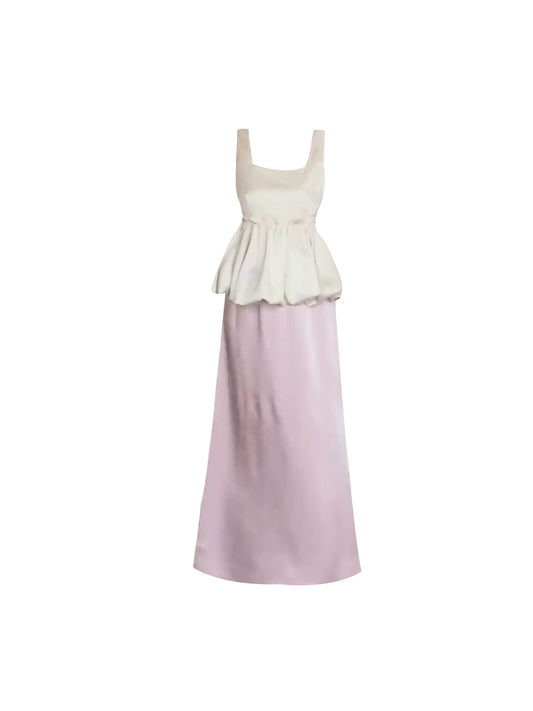Wonderful Light Pink Satin A-Line 2-Piece Set Maxi Skirt Chic Ivory Square Neck Sleeveless Peplum Waist Long Dress AP5010