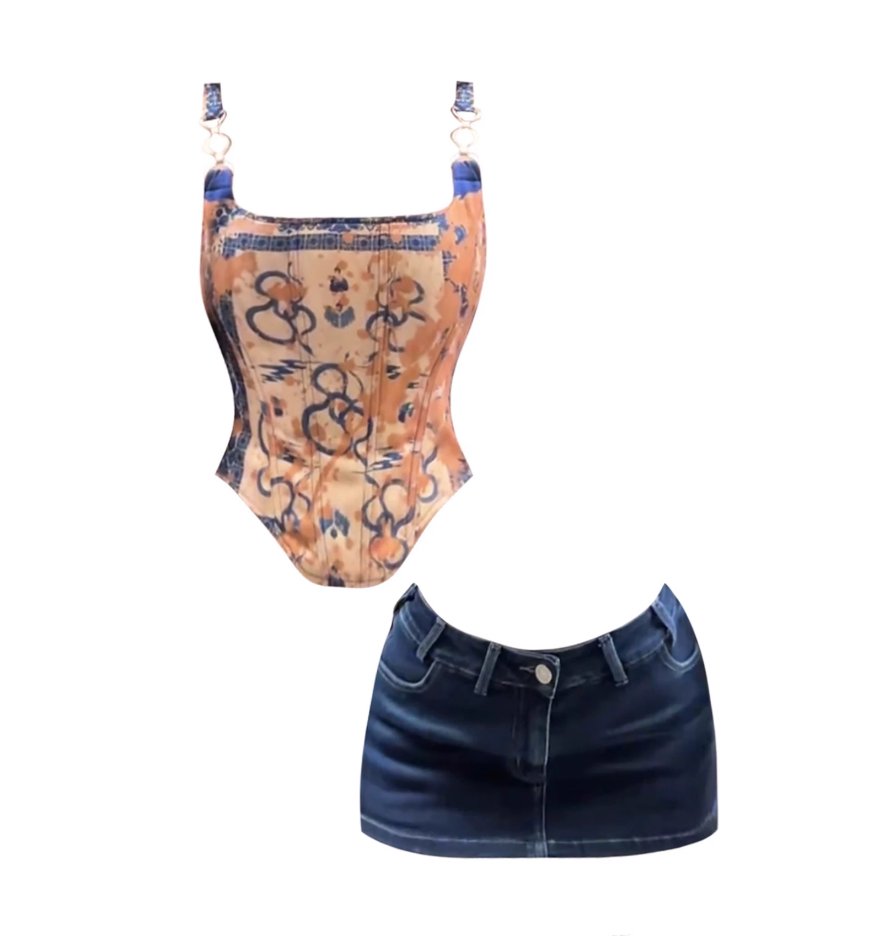 Amazing Metal-Clip Spaghetti Strap Top Dark Wash Denim Mini Skirt Vintage Print Corset Bodysuit Bodycon Short Dress AP5011