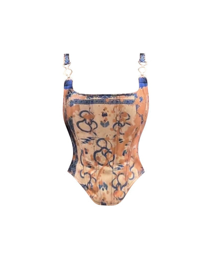 Amazing Metal-Clip Spaghetti Strap Top Dark Wash Denim Mini Skirt Vintage Print Corset Bodysuit Bodycon Short Dress AP5011