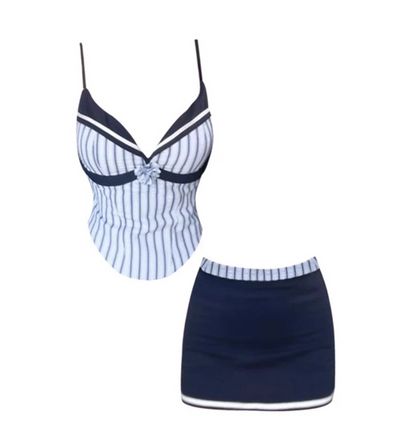 Appealing Spaghetti Strap Sailor Top 2-Piece Set Mini Skirt Flower Accent Navy & White Striped Bodycon Short Dress AP5012