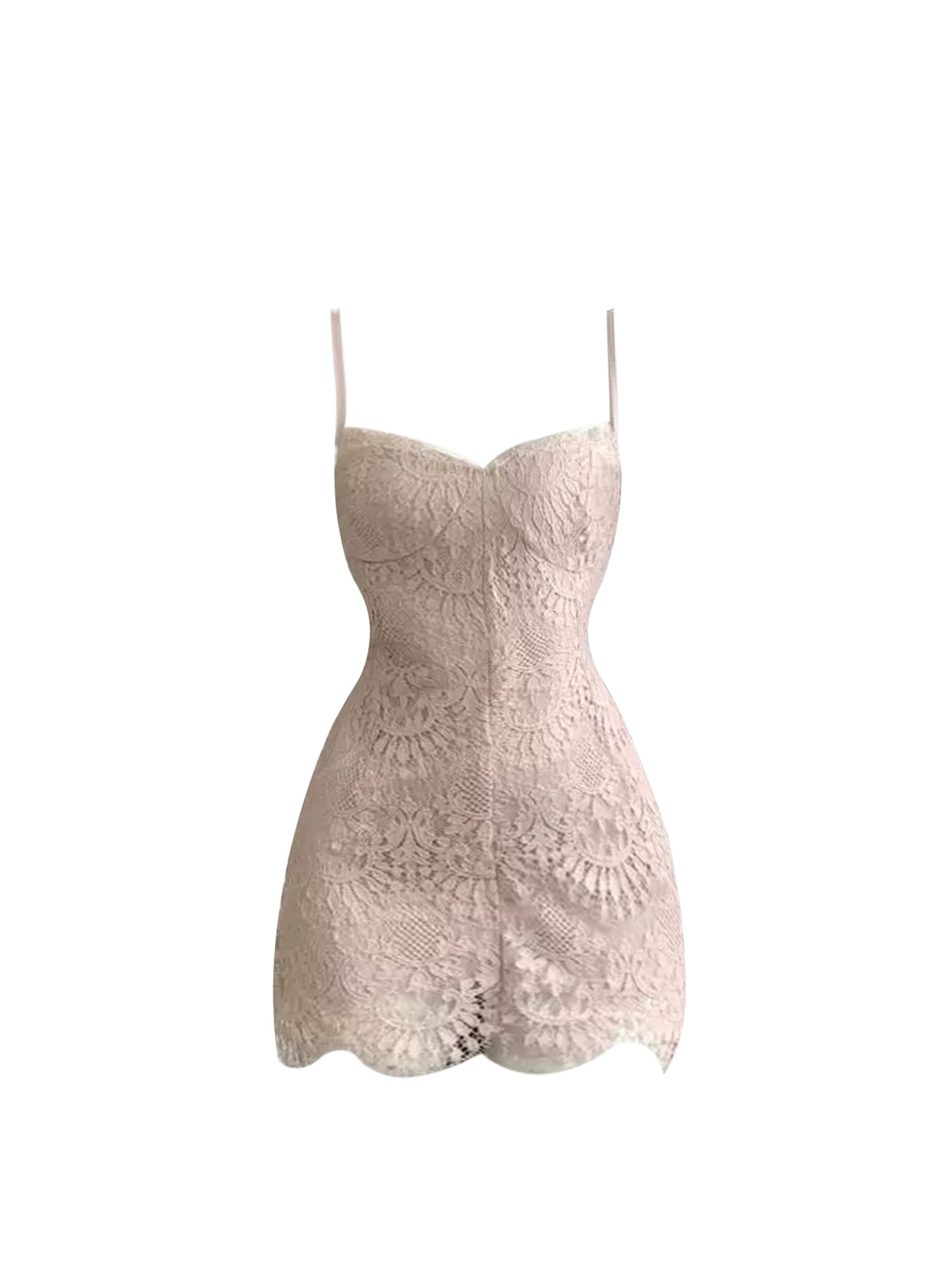 Splendid Light Beige Spaghetti Strap Social Events Mini Skirt Elegant Allover Lace Flounced Hem Bodycon Short Dress AP5014