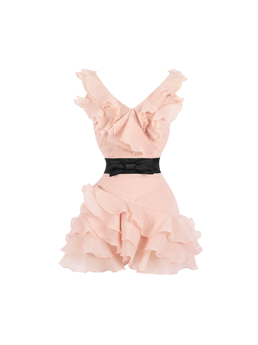 Enticing Light Pink V-Neck A-Line Casual Gatherings Mini Skirt Sweet Layered Ruffles & Black Bow Belt Short Dress AP5015