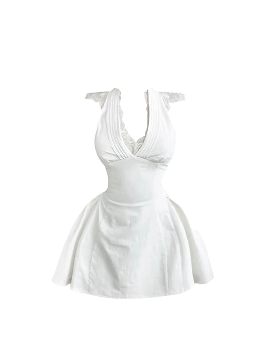 Avant-Garde White V Neck A-Line Flared Mini Skirt Charming Ruched Bust Lace Shoulder Accents Short Dress AP5016