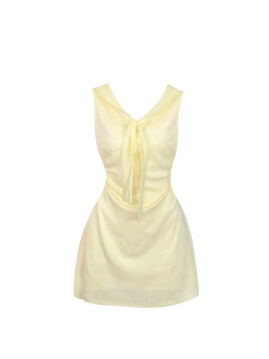 Fresh A-Line Tie Accent Ruched Waist Date Nights Mini Skirt Vibrant Pale Yellow Sleeveless V-Neck Short Dress AP5018