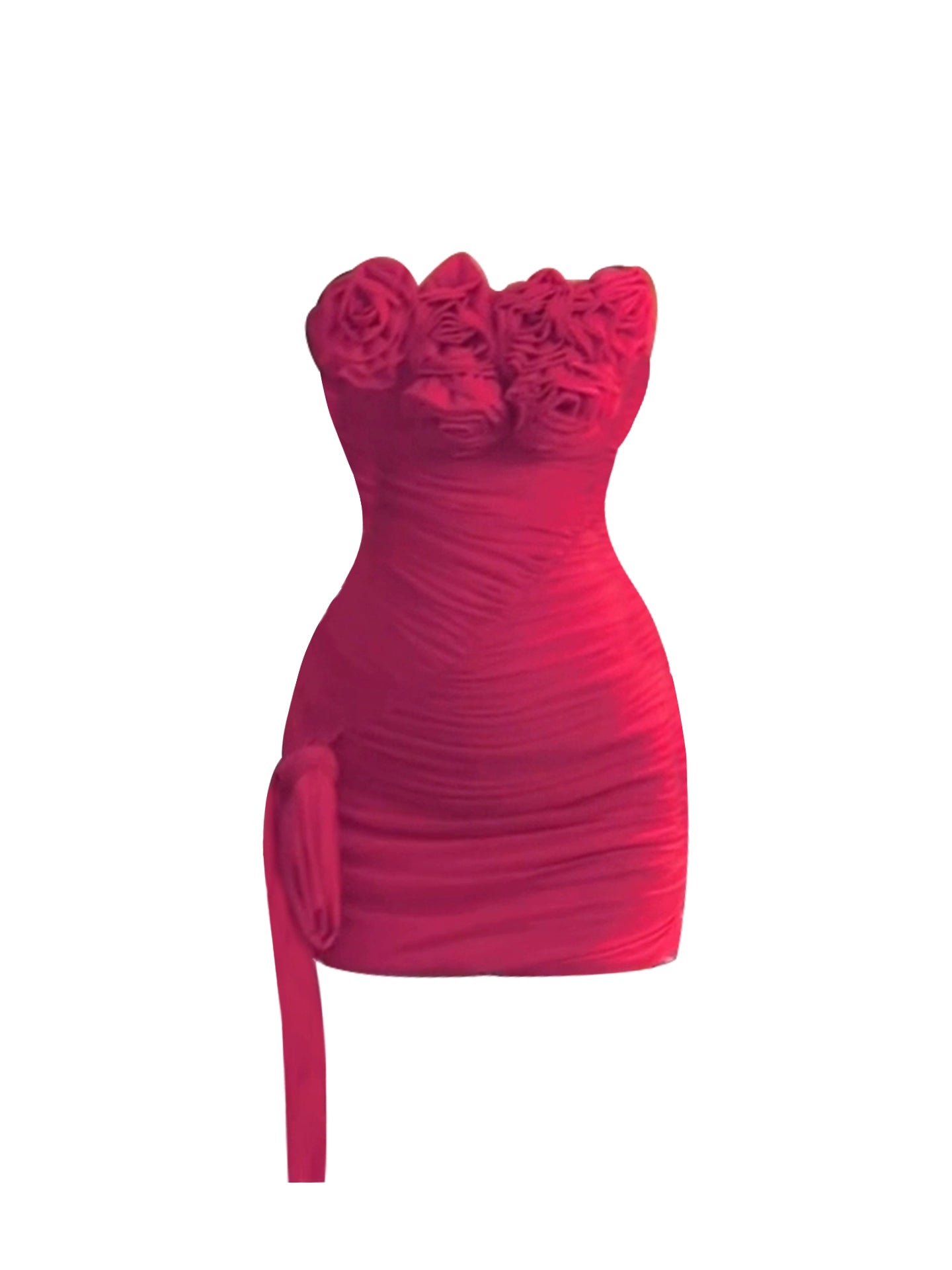 Sleek Strapless Bright Fuchsia Side Sash Mini Skirt Stylish 3D Rose Bust Ruched Bodycon Short Dress AP5019