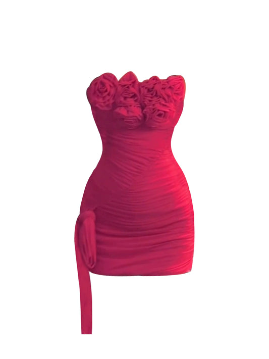 Sleek Strapless Bright Fuchsia Side Sash Mini Skirt Stylish 3D Rose Bust Ruched Bodycon Short Dress AP5019