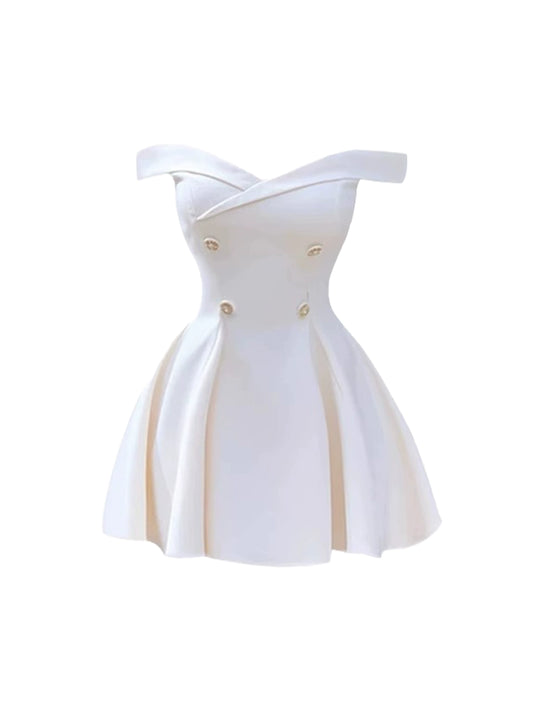 Dainty Gold Double Buttons Tailored Bodice A-Line Flared Mini Skirt Stylish Ivory Off-the-Shoulder Short Dress AP5020