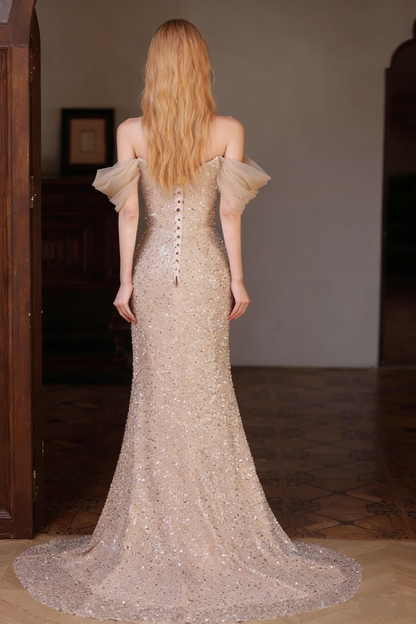 Victorian-Inspired Tulle Off-Shoulder Evening Mermaid Gowns Sequins High-Slit Prom Dress AP5021