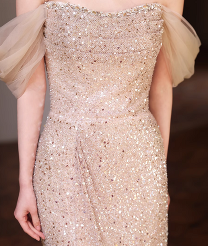 Victorian-Inspired Tulle Off-Shoulder Evening Mermaid Gowns Sequins High-Slit Prom Dress AP5021