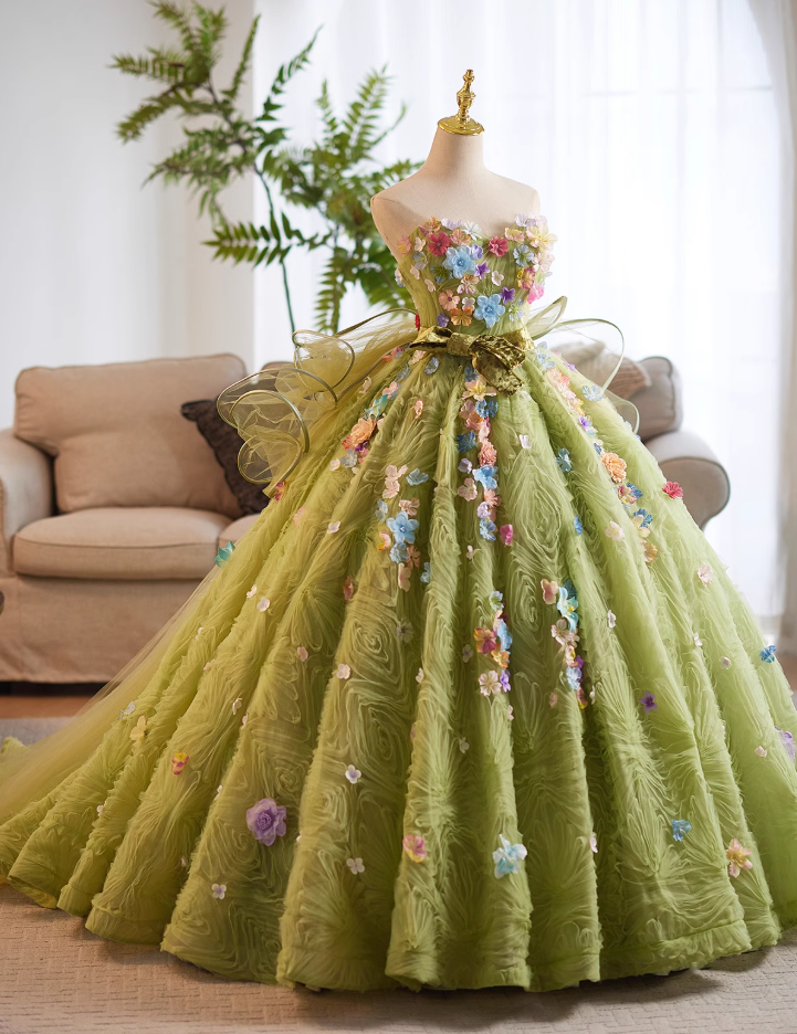 Voluminous Strapless A-Line Sweet 16th Gowns Appliques Green Tulle Velvet Bow Prom Dress AP5022