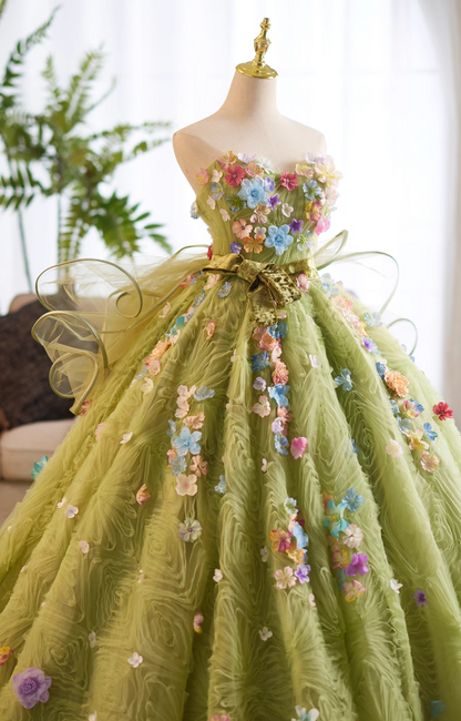 Voluminous Strapless A-Line Sweet 16th Gowns Appliques Green Tulle Velvet Bow Prom Dress AP5022