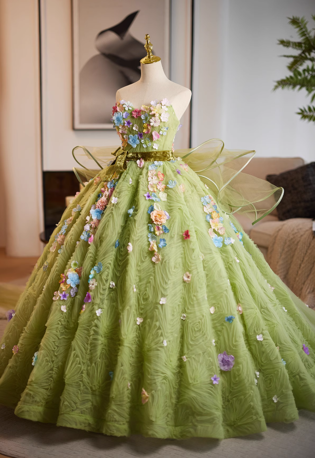 Voluminous Strapless A-Line Sweet 16th Gowns Appliques Green Tulle Velvet Bow Prom Dress AP5022