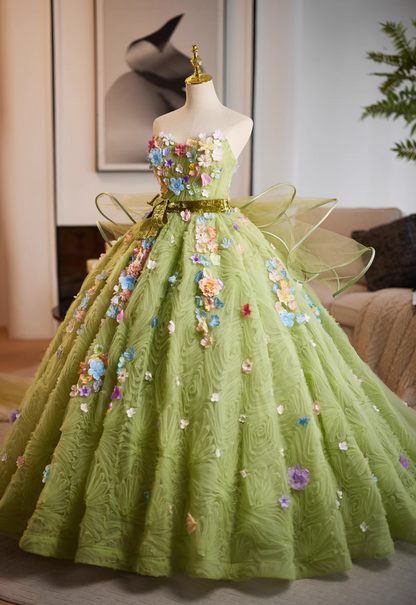 Voluminous Strapless A-Line Sweet 16th Gowns Appliques Green Tulle Velvet Bow Prom Dress AP5022