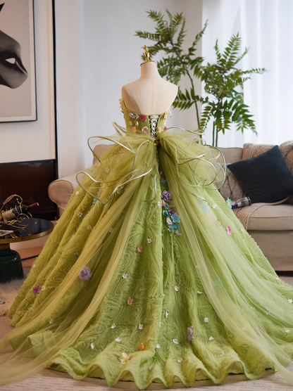 Voluminous Strapless A-Line Sweet 16th Gowns Appliques Green Tulle Velvet Bow Prom Dress AP5022