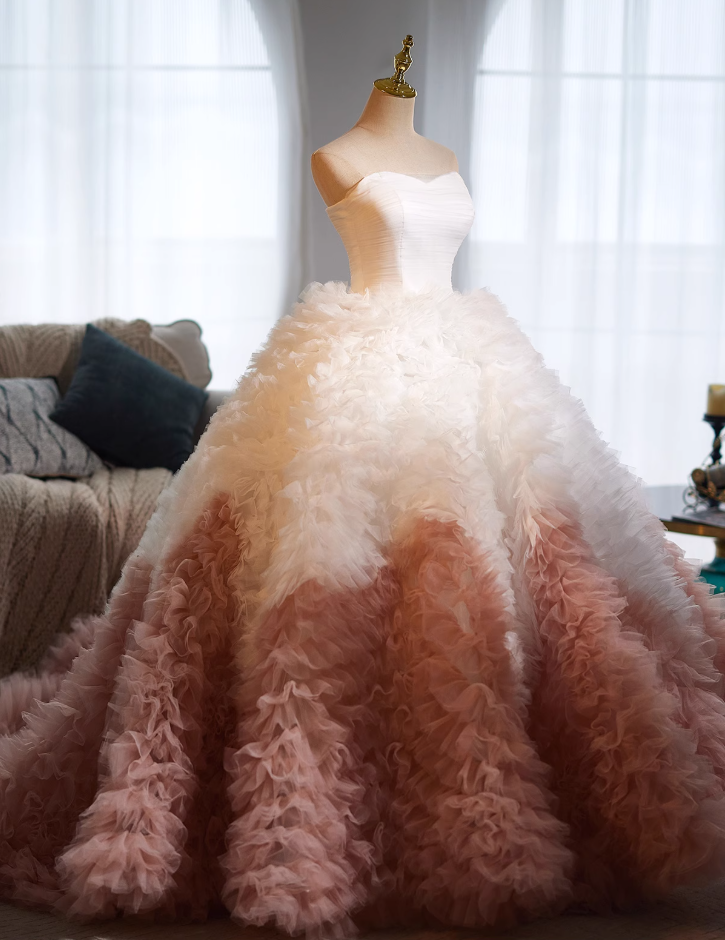 Romantic Strapless Ruffles A-Line Sweet 16th Gowns Color-Blocked Tulle Prom Dress AP5024