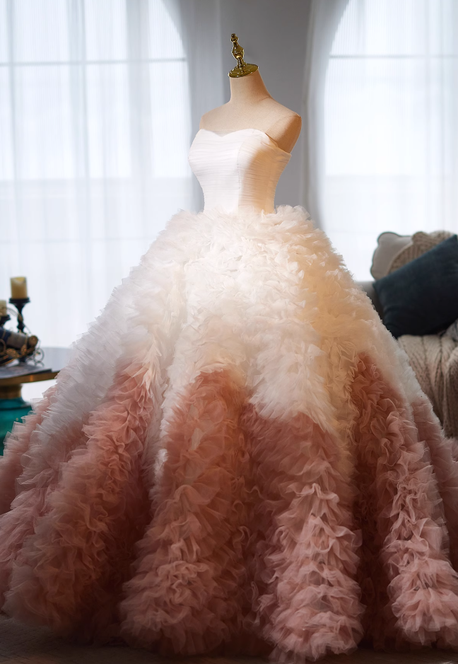 Romantic Strapless Ruffles A-Line Sweet 16th Gowns Color-Blocked Tulle Prom Dress AP5024