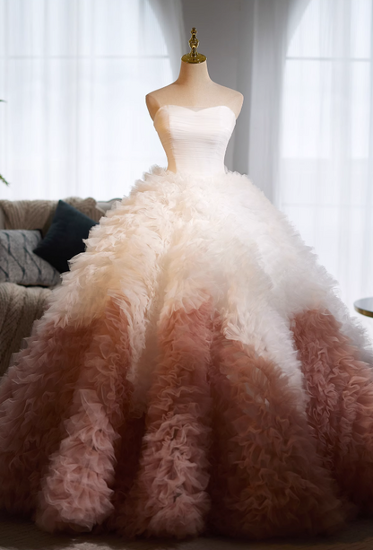 Romantic Strapless Ruffles A-Line Sweet 16th Gowns Color-Blocked Tulle Prom Dress AP5024