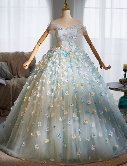 Ornate Off-Shoulder A-Line Tulle Sweet 16th Dresses Appliques Beads Prom Dress AP5025